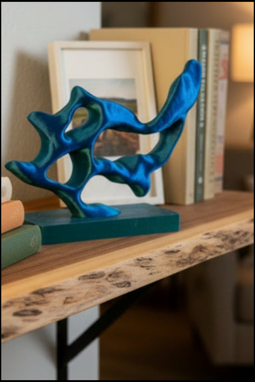 Blue to Green Silk color-shifting 3D-printed abstract flow sculpture on a wooden shelf with books and a framed photo.