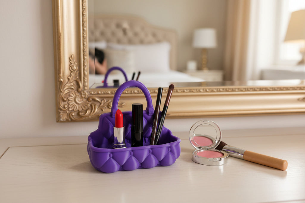Royal Purple 3D-printed handbag catch-all designed with pillow tufted detail and tote style handle holding makeup on white vanity that is mirrored by a modern bedroom.