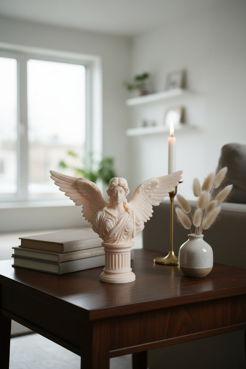 Sandstone Beige 3D-printed guardian angel bust sculpture with detailed wings displayed on a living room end table.