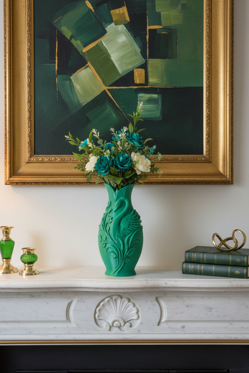 Emerald Green 3D-printed elegant swan vase with embossed vines and leaves holding colorful flowers on a mantel.
