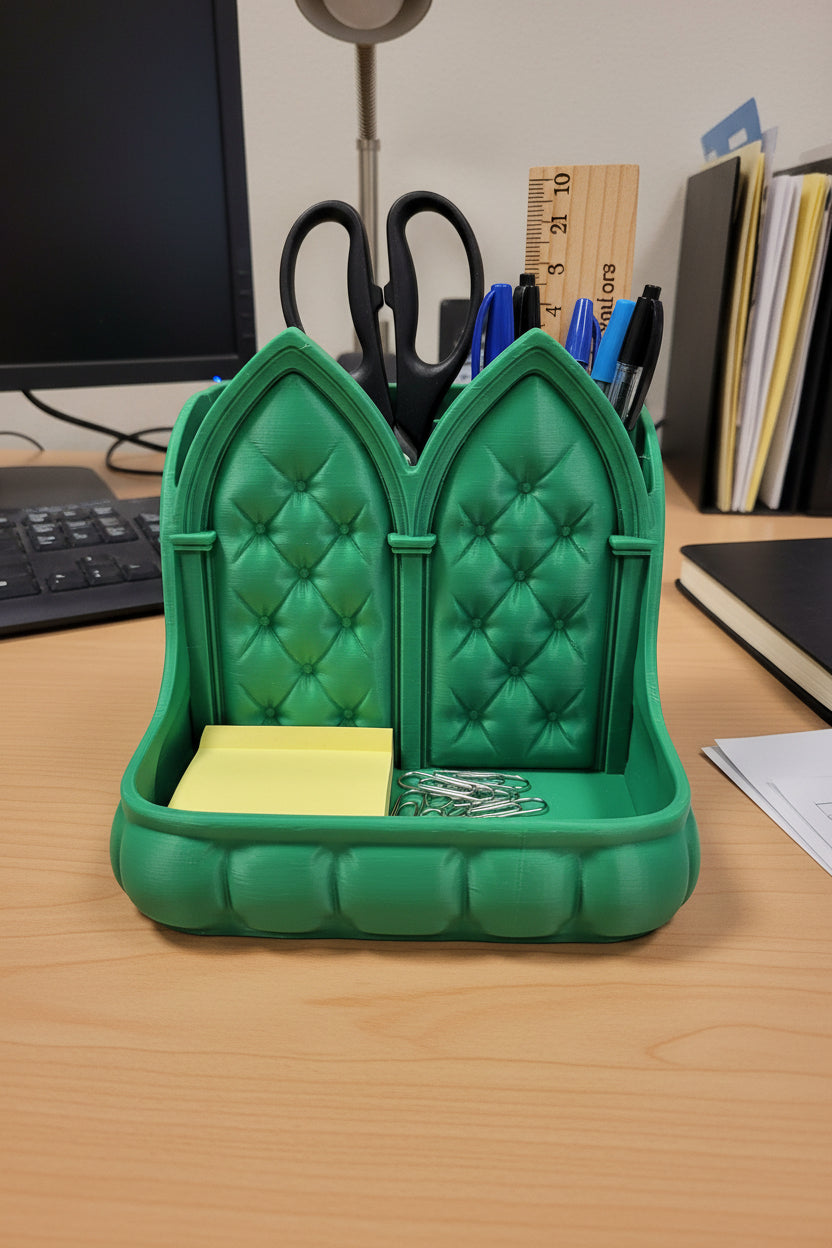 Emerald Green 3D-printed desk organizer with quilted cathedral design and arches holding pens and stationery on an office desk.