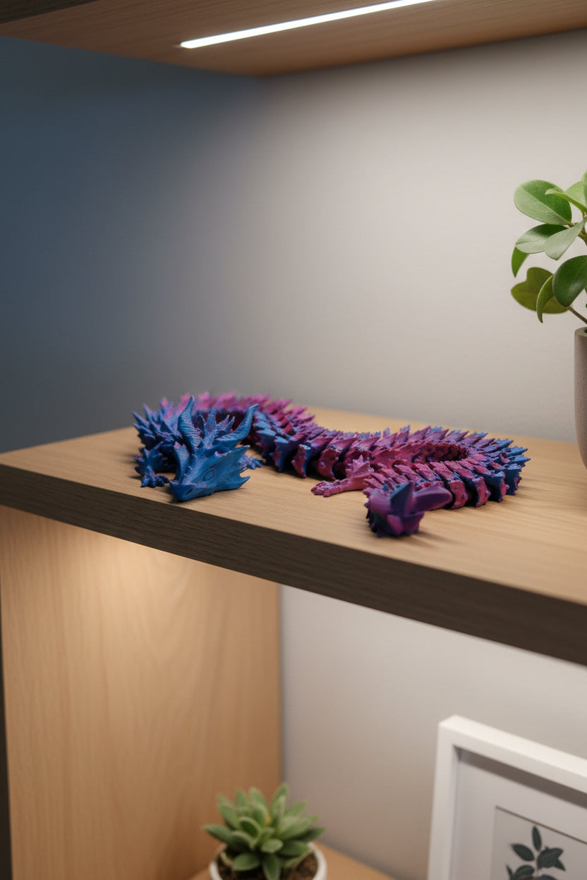 Teal to Pink color-shifting 3D-printed wingless articulated dragon shown resting as decor on a wood shelf next to a plant.
