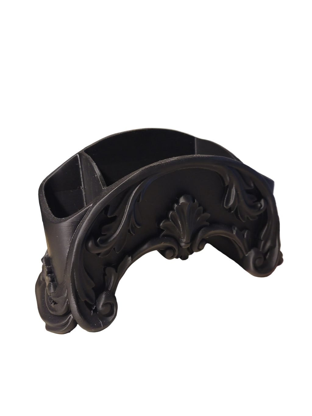 Onyx Black 3D-printed Victorian style desk organizer with an intricate gothic design on a white background.