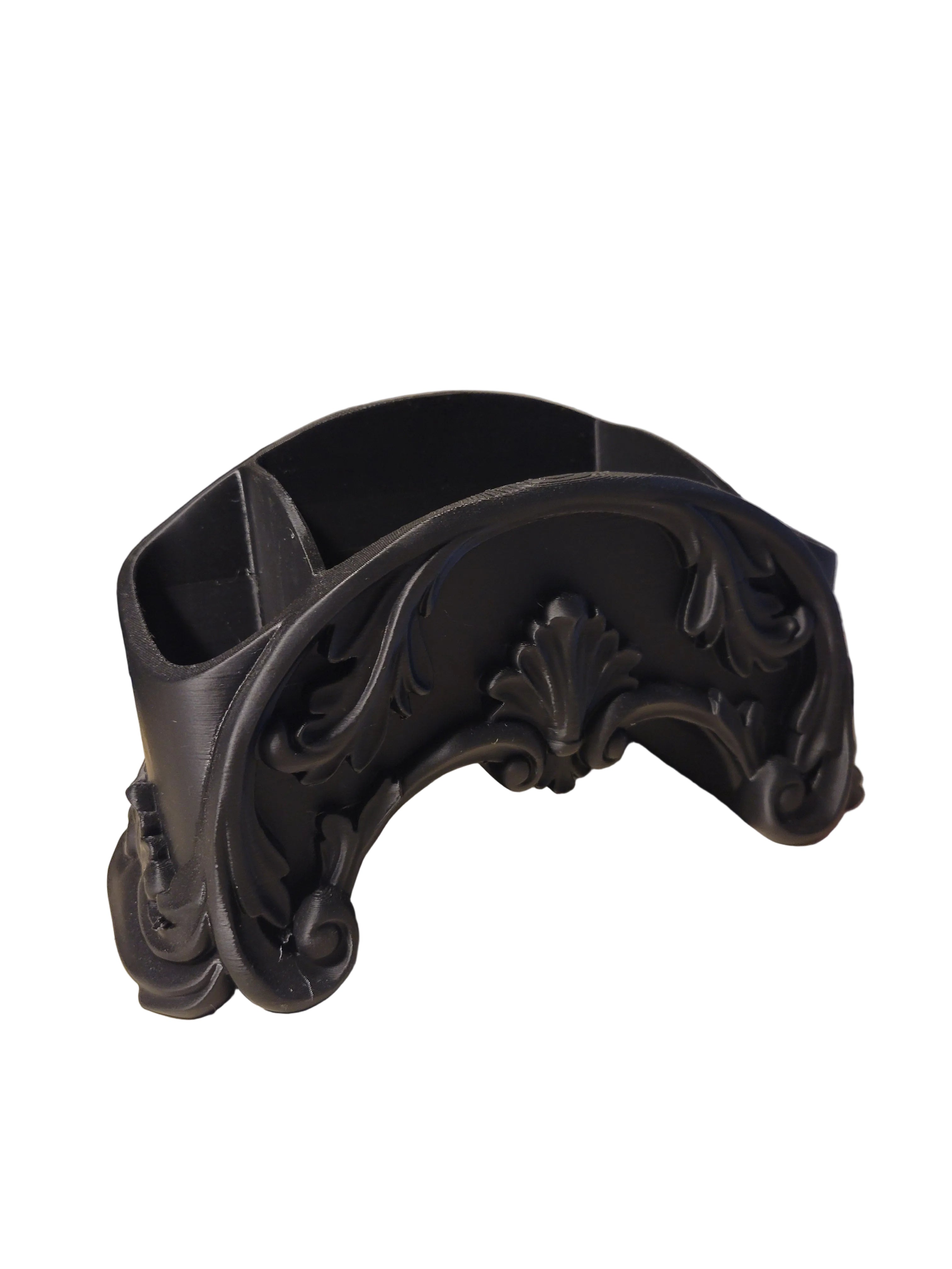 Onyx Black 3D-printed Victorian style desk organizer with an intricate gothic design on a white background.