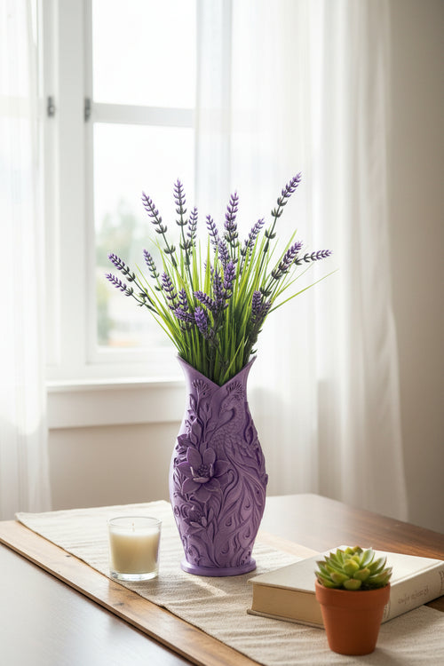 Purple Silk 3D-printed vase with an elegant peacock detailed in an intricate lotus field holding lavender on decorated table.
