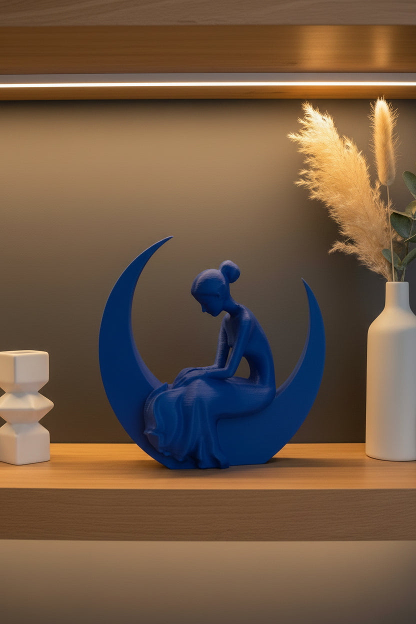 Cobalt Blue 3D-printed sculpture of a serene woman in a gown sitting on a crescent moon styled on a shelf.