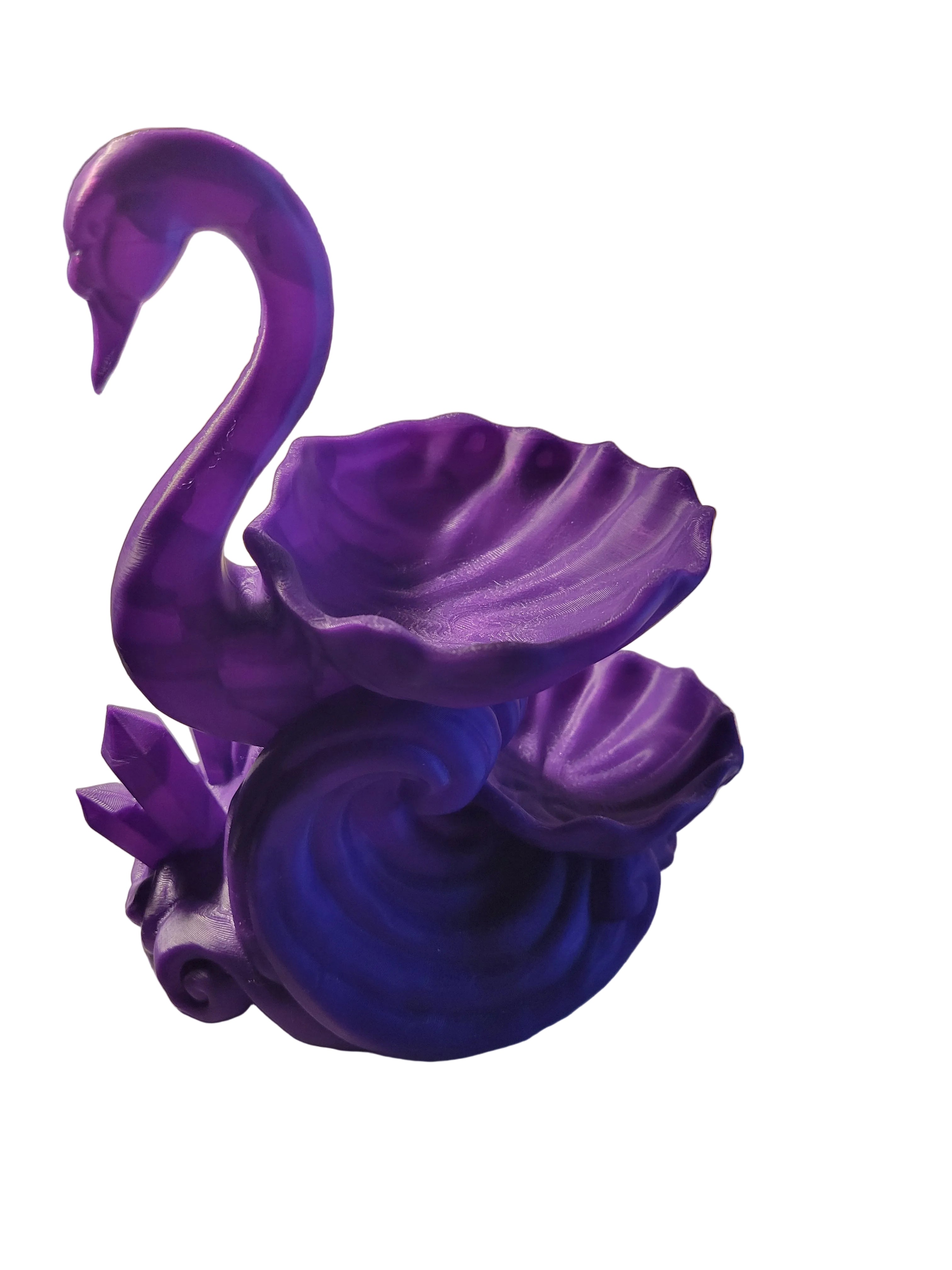 Royal Purple 3D-printed tiered jewelry organizer featuring an elegant swan riding a wave showing crystals with 2 trays on a white background.