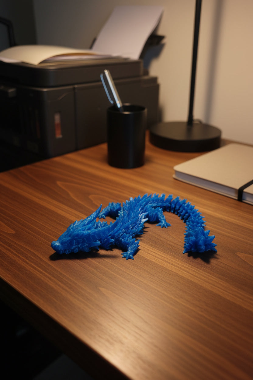Translucent Blue 3D-printed wingless articulated dragon with jagged crystalized scales on a wooden desktop in an office setting.