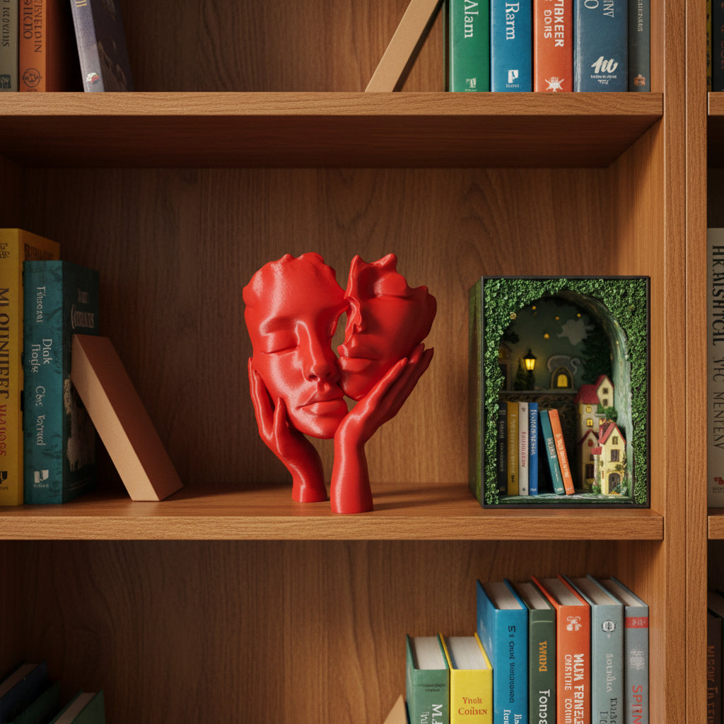Crimson Red 3D-printed sculpture of two hands holding twin split-faces on a shelf surrounded by books.