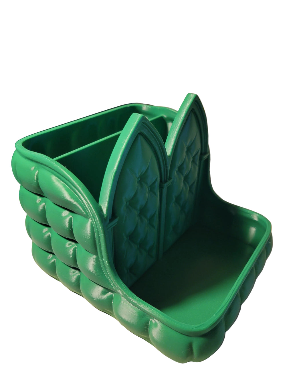 Emerald Green 3D-printed desk organizer featuring a quilted exterior and 2 cathedral arched walls on white backdrop.