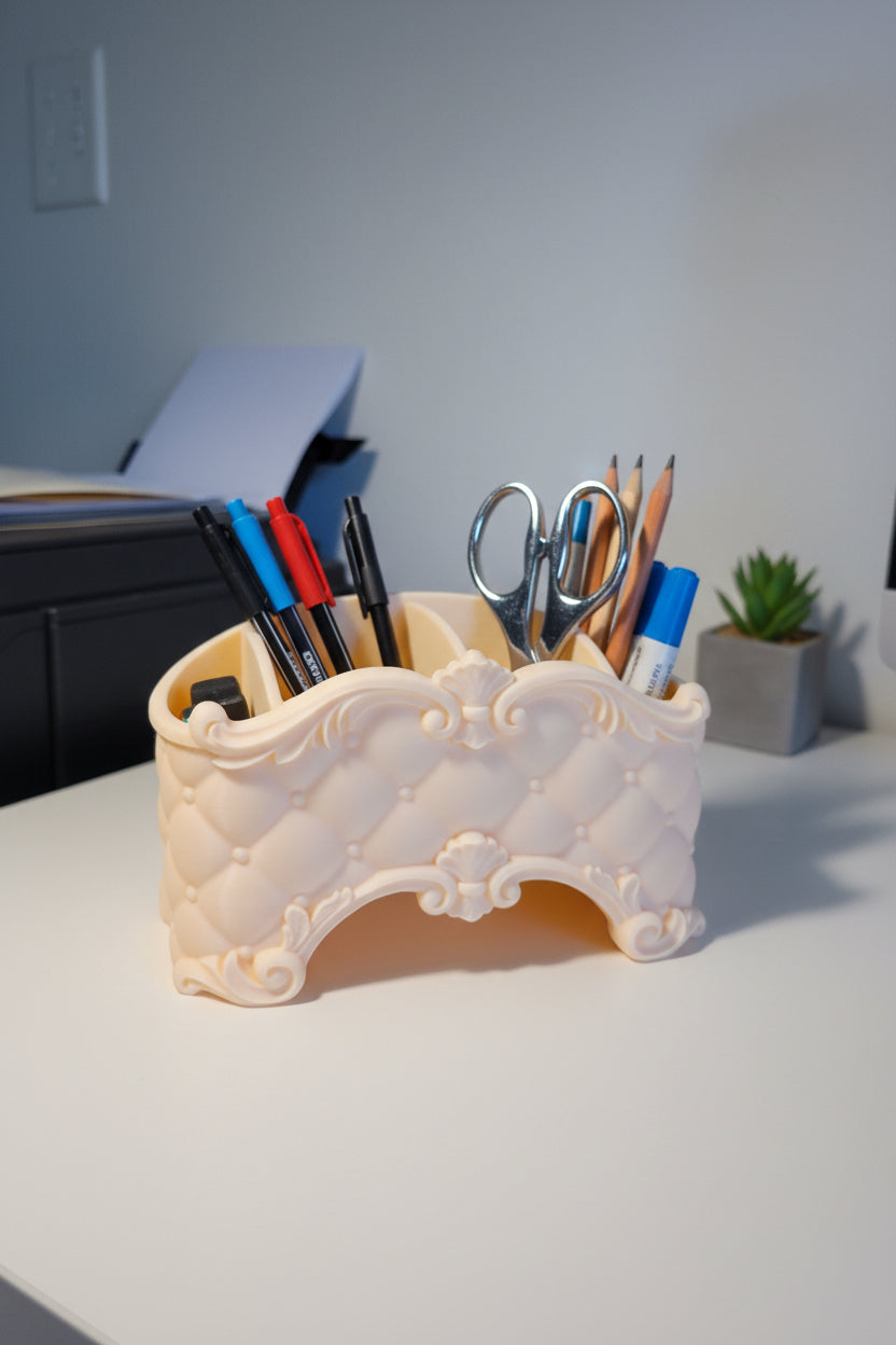 Sandstone Beige 3D-printed desk organizer with a quilted baroque design holding stationery items on a white desk.