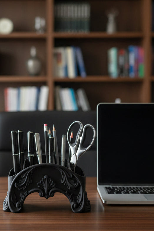 Onyx Black 3D-printed Victorian imperial gothic style desk organizer holding stationery by computer in office setting.