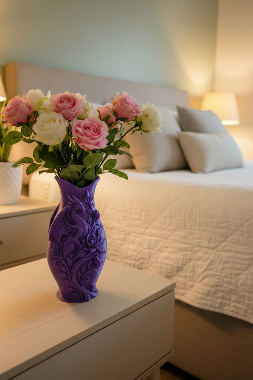 Royal Purple 3D-printed vase with a detailed dragon and winding floral vines holding pink and white roses on a nightstand.