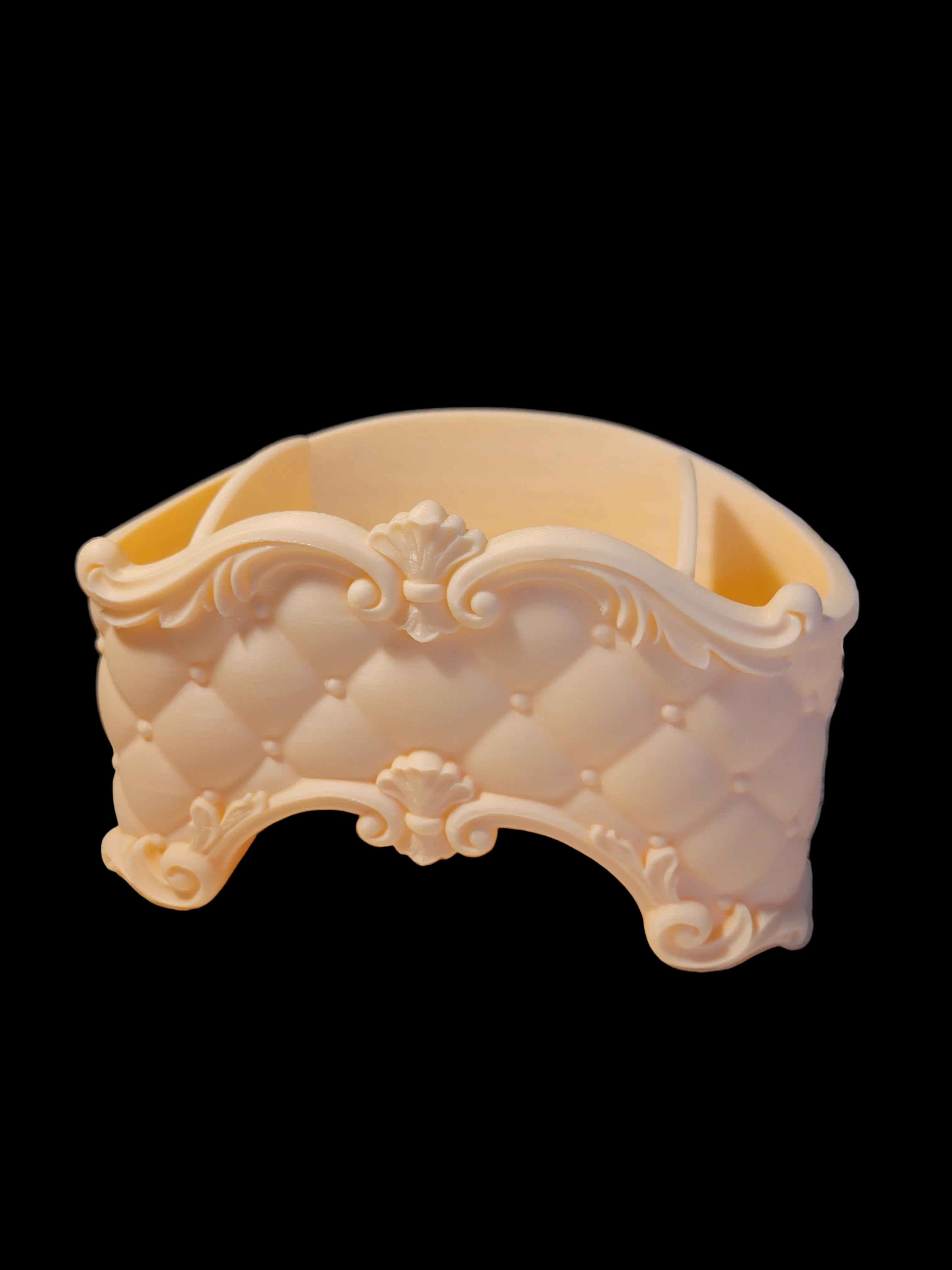 Sandstone Beige 3D-printed desk organizer with detailed quilted baroque design and 3 compartments on a black background.