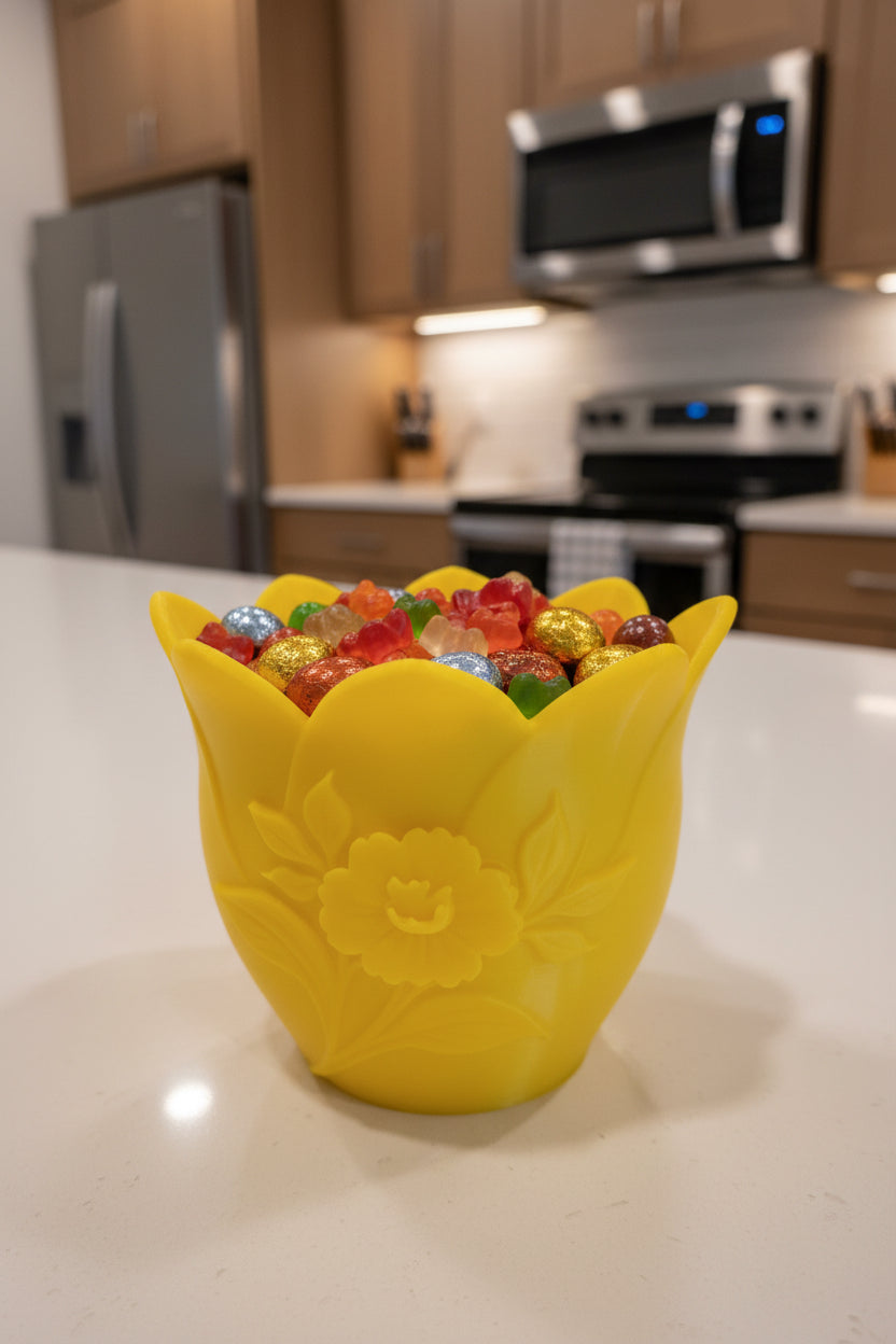 Solar Yellow 3D-printed tulip bowl holding gummies and wrapped candies on a modern kitchen counter.
