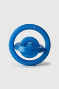 Translucent Blue 3D-printed orbital gyro desktop fidget showing staggered rings to display motion on a white background.