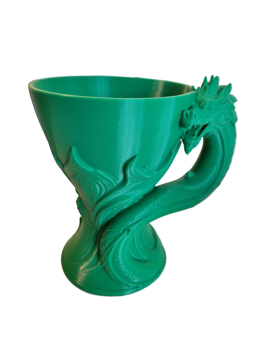 Emerald Green 3D-printed sculptural dragon goblet with angled view featuring the dragon head handle on a white backdrop.
