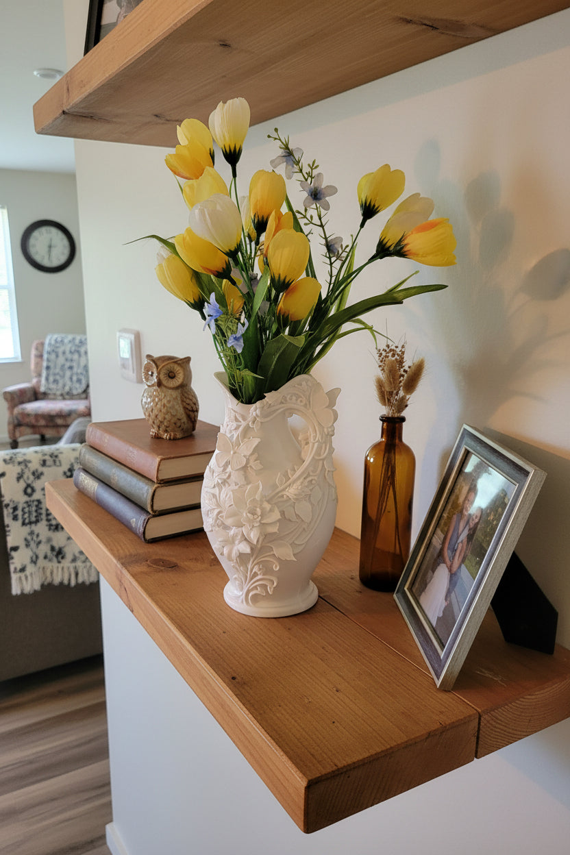 Arctic White 3D-printed vintage floral butterfly vase with handle holding yellow flowers on a shelf with other decor.