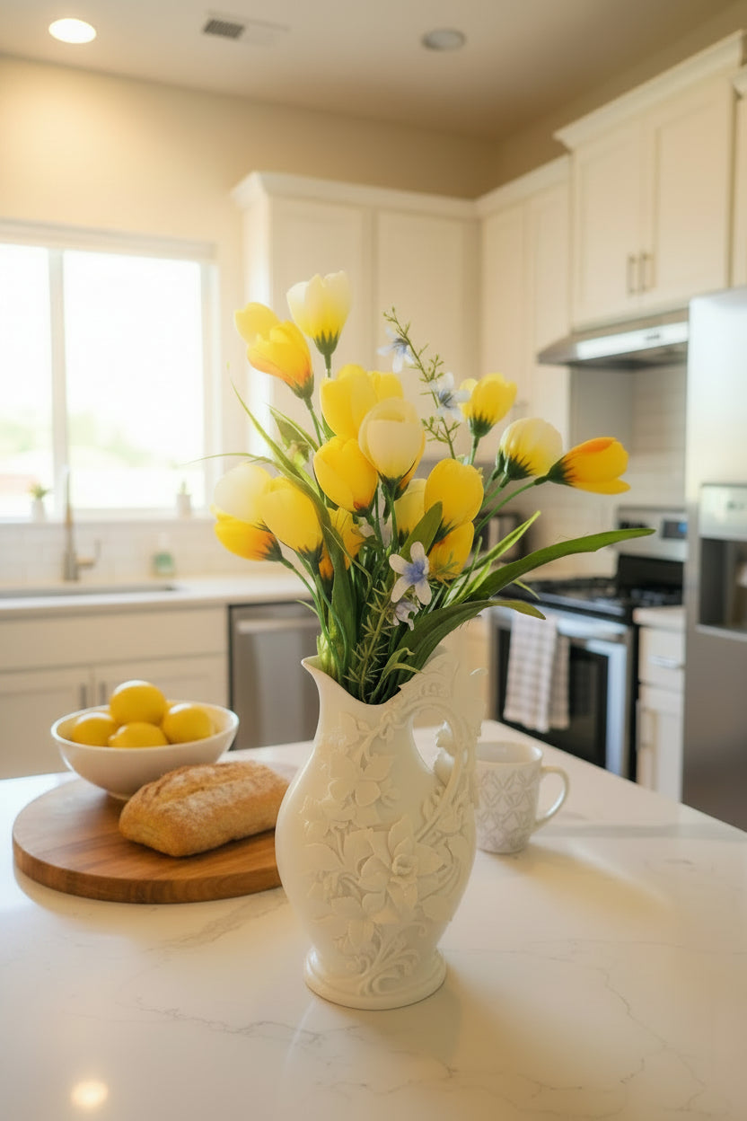 Arctic White 3D-printed vintage floral butterfly vase with handle holding yellow tulips on a modern kitchen counter.
