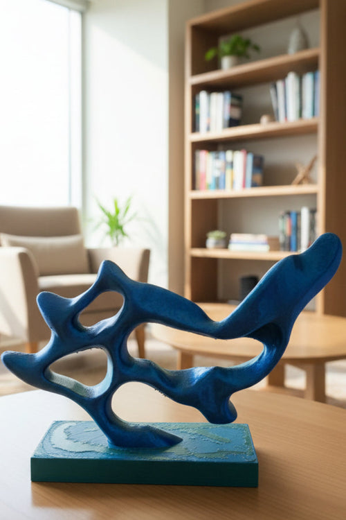Blue to Green Silk color-shifting 3D-printed abstract flow sculpture on a table with a blurred living room background.