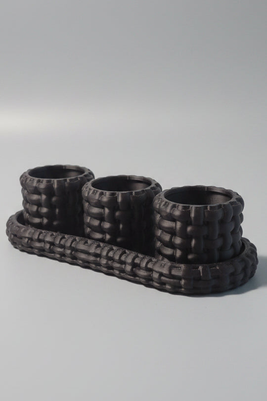 Onyx Black 3D-printed flameless tea light candle holder featuring basket weave design with 3 holders and tray on light grey background.