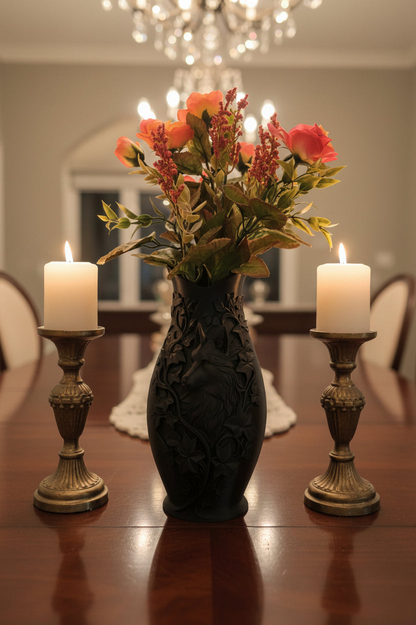 Onyx Black 3D-printed vase with intricate wolf and floral designs holding pink roses centered on a dining table by candles.