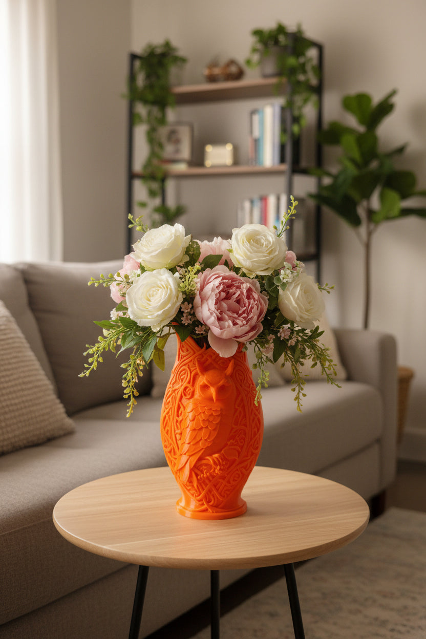 Sunset Orange 3D-printed Celtic owl vase with detailed knotwork holding peonies on a wooden coffee table.
