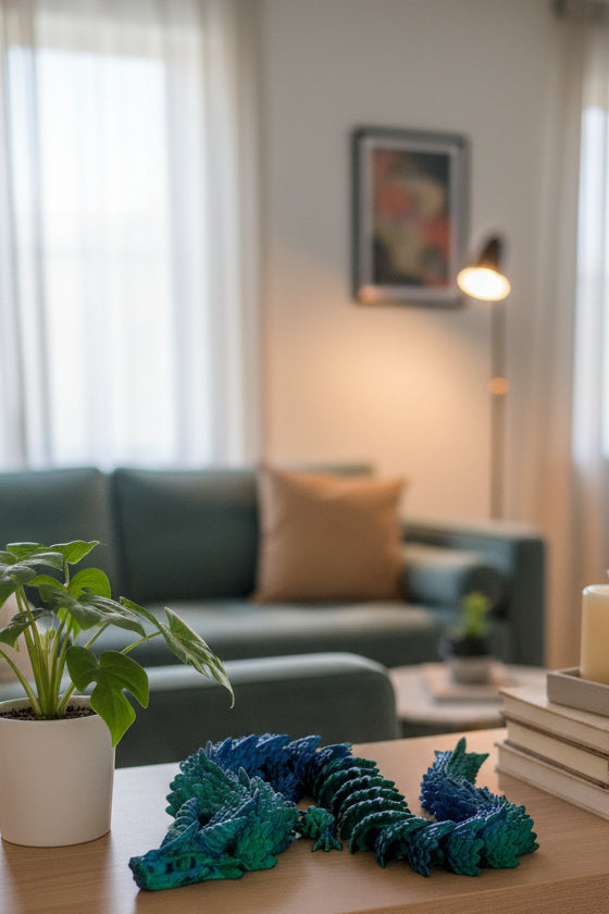 Blue to Green Silk color-shifting 3D-printed articulated dragon coiled on a modern living room table next to a plant and books.
