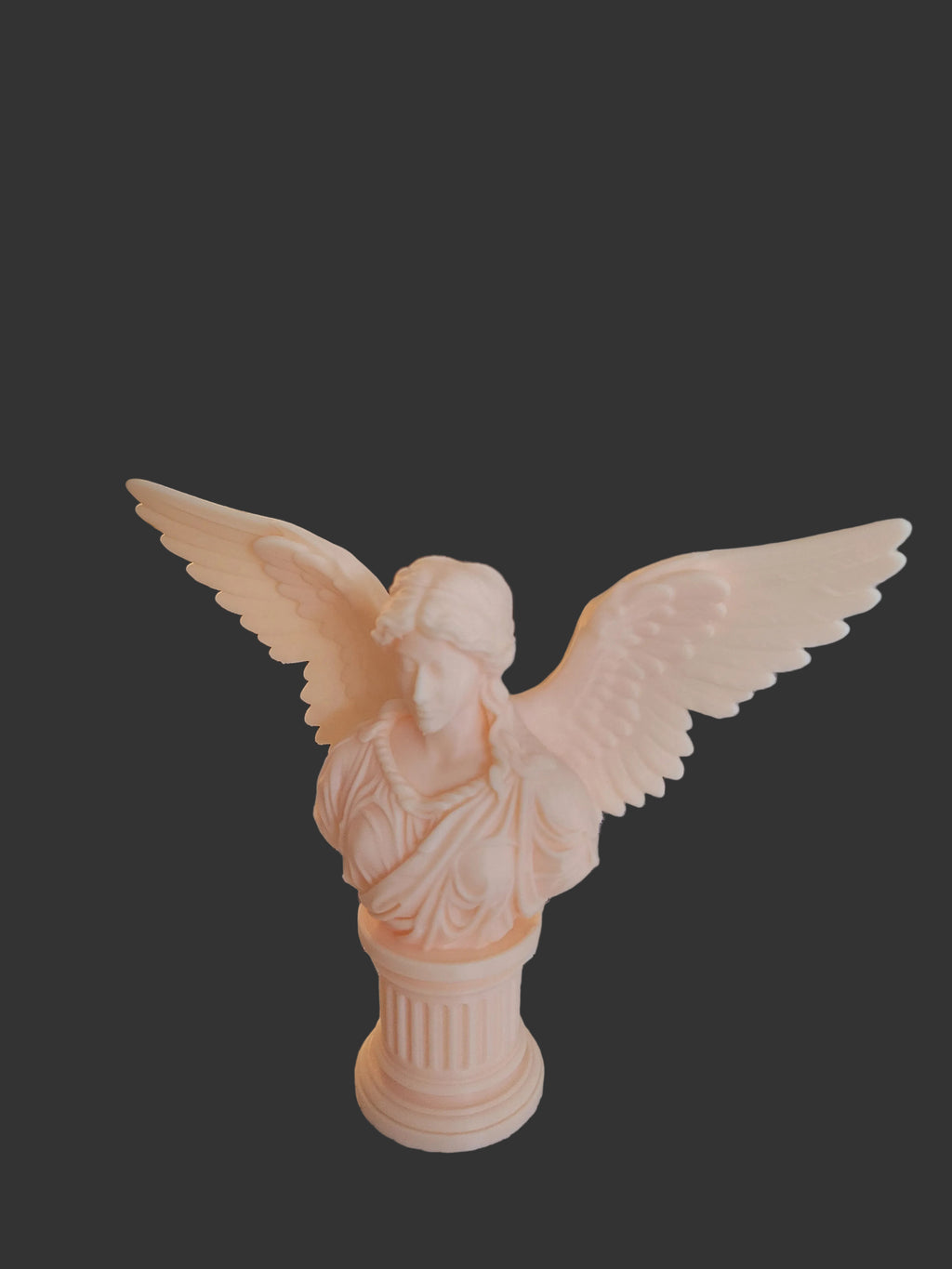 Sandstone Beige 3D-printed guardian angel bust sculpture with detailed wings on a classic pedestal on gray backdrop.