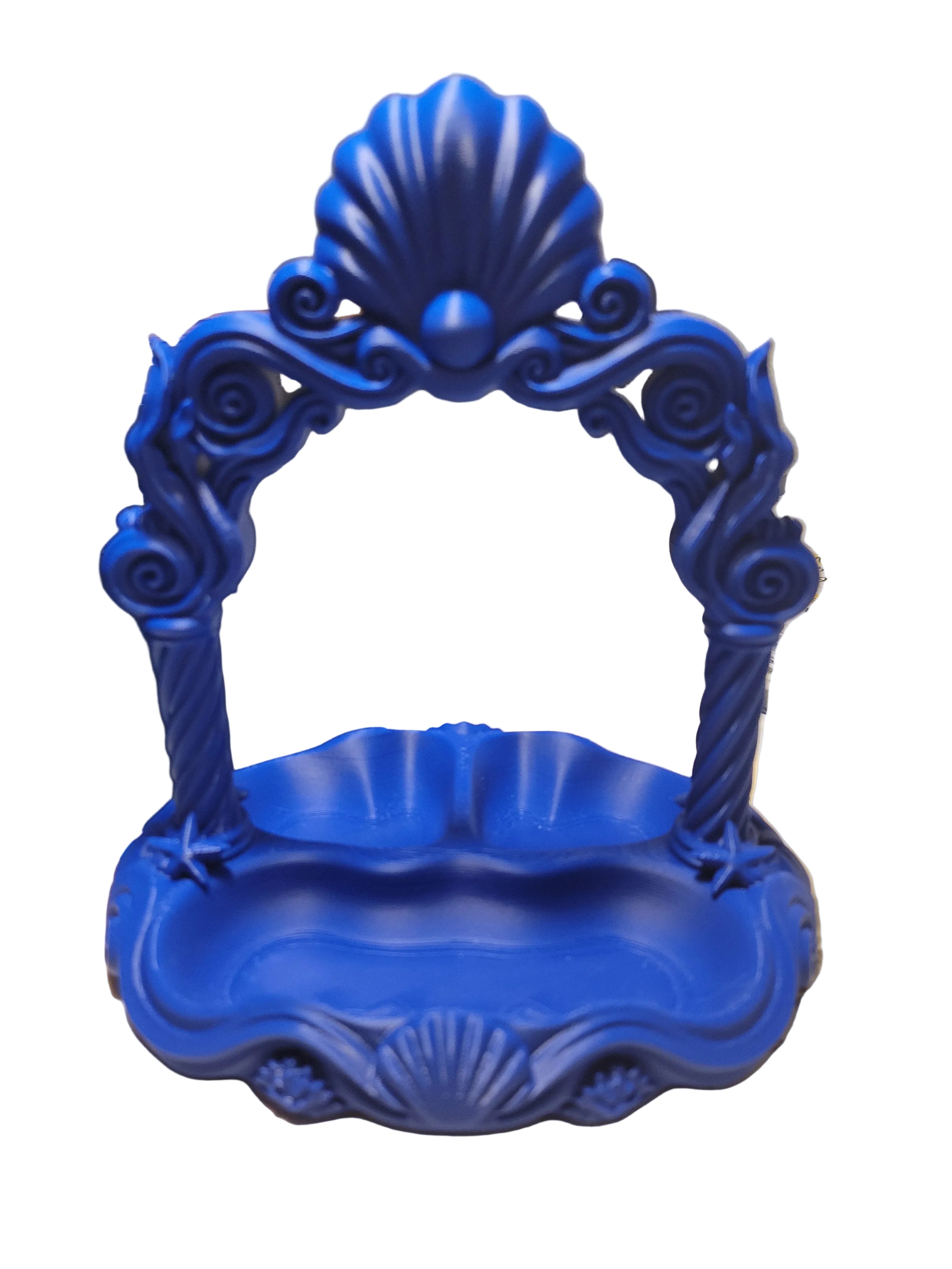 Cobalt Blue 3D-printed jewelry organizer with oceanic design featuring a fanned scallop shell on an arch against a white background.