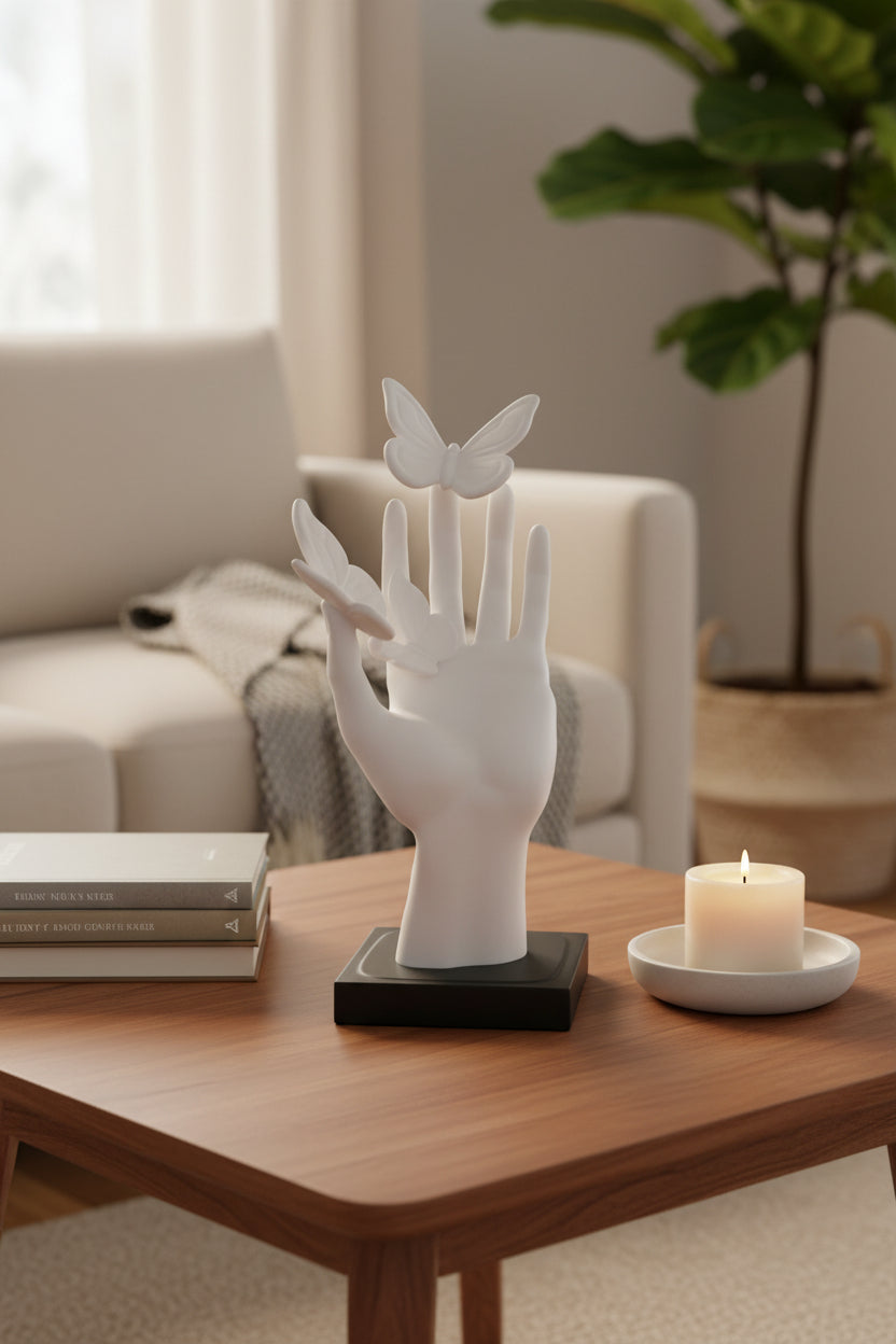 Arctic White 3D-printed hand sculpture with 3 resting butterflies and Onyx Black base on end table with other decor.