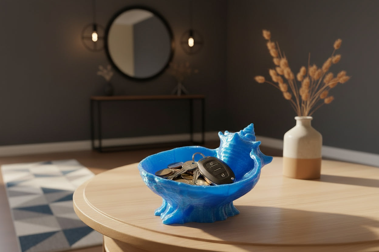 Translucent Blue 3D-printed nautical conch shell catch-all tray holding keys and coins on a light wood table set in a modern living space with faux plants and mirror.