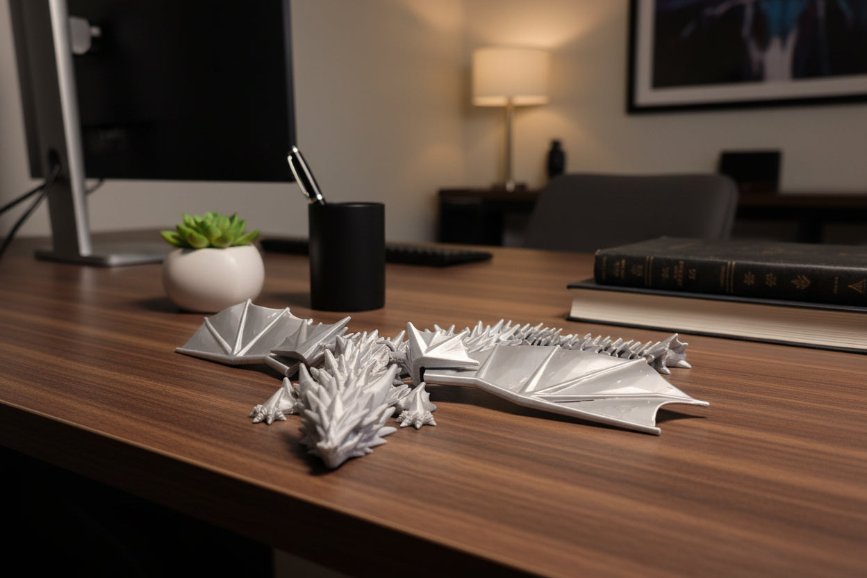 Silver Silk 3D-printed articulated dragon desktop fidget with a spiked back and bat type wings on desk with other accessories.