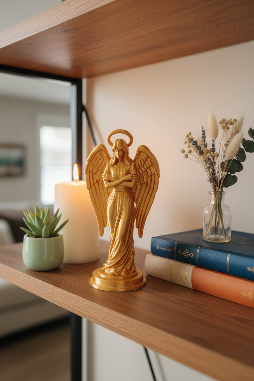 Gold Silk 3D-printed highly detailed elegant angel sculpture displayed on a wooden shelf next to books and a succulent.