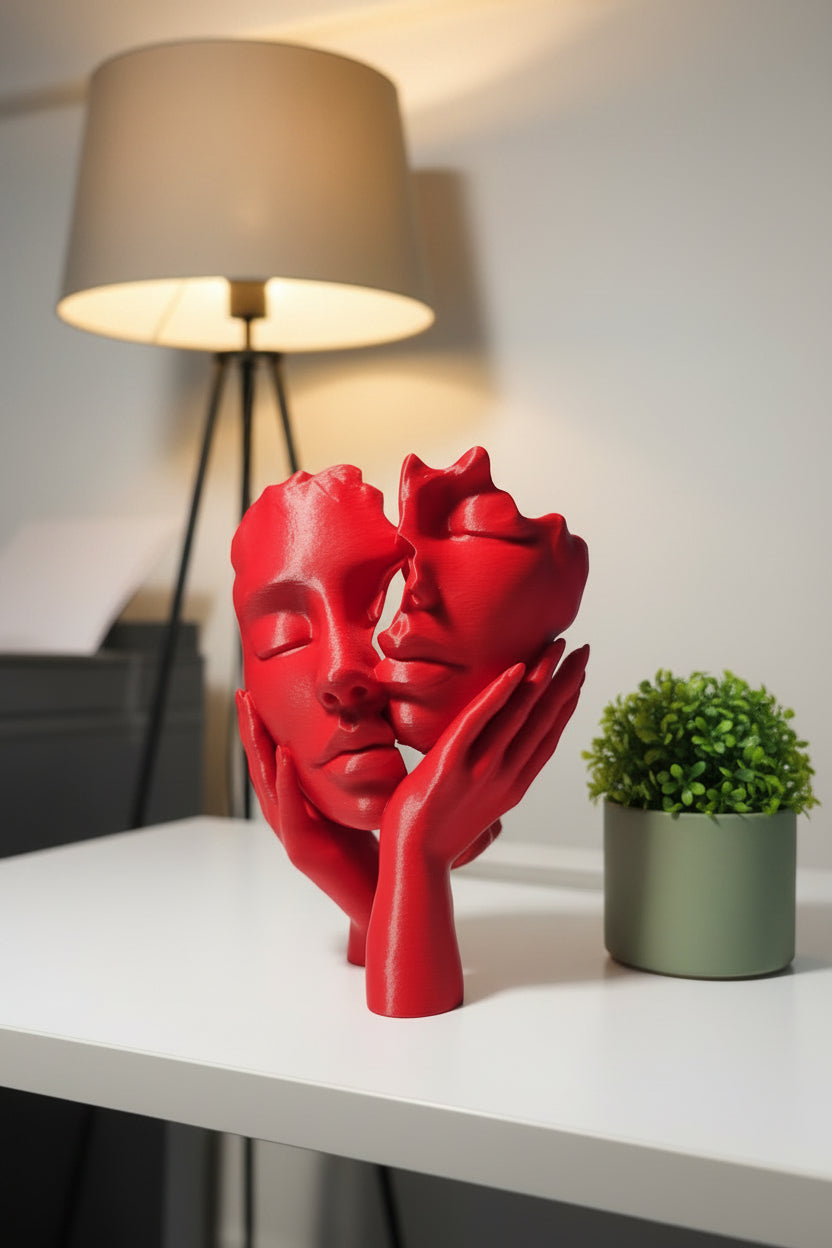 Crimson Red 3D-printed sculpture of two hands holding twin split-faces on a white desk by a small plant.