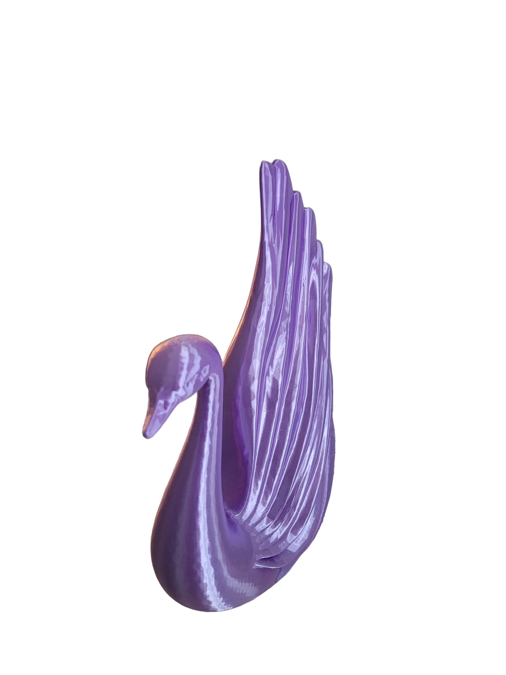 Purple Silk 3D-printed elegant swan sculpture with modern wing design in an angled view on solid white background.