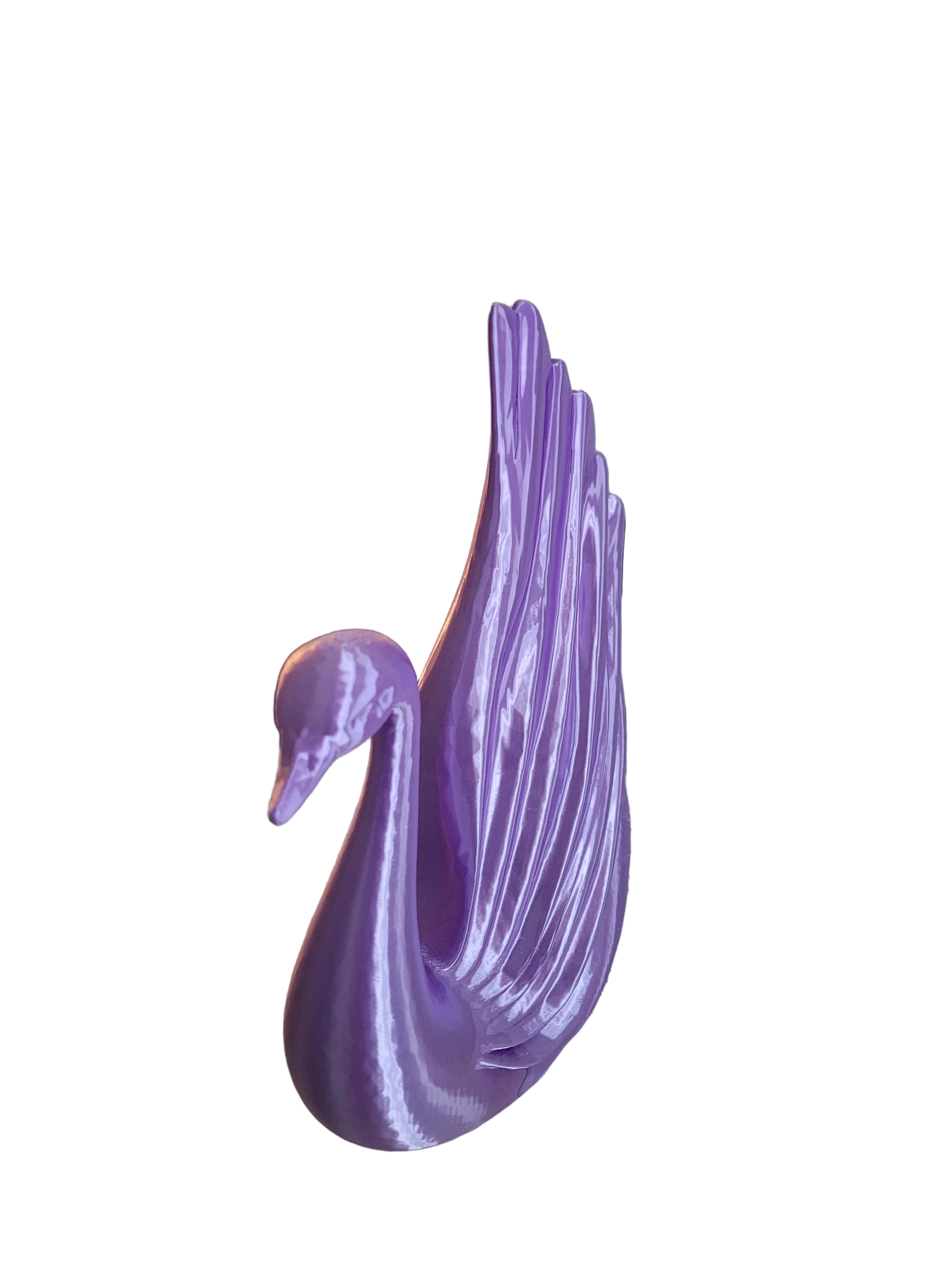 Purple Silk 3D-printed elegant swan sculpture with modern wing design in an angled view on solid white background.