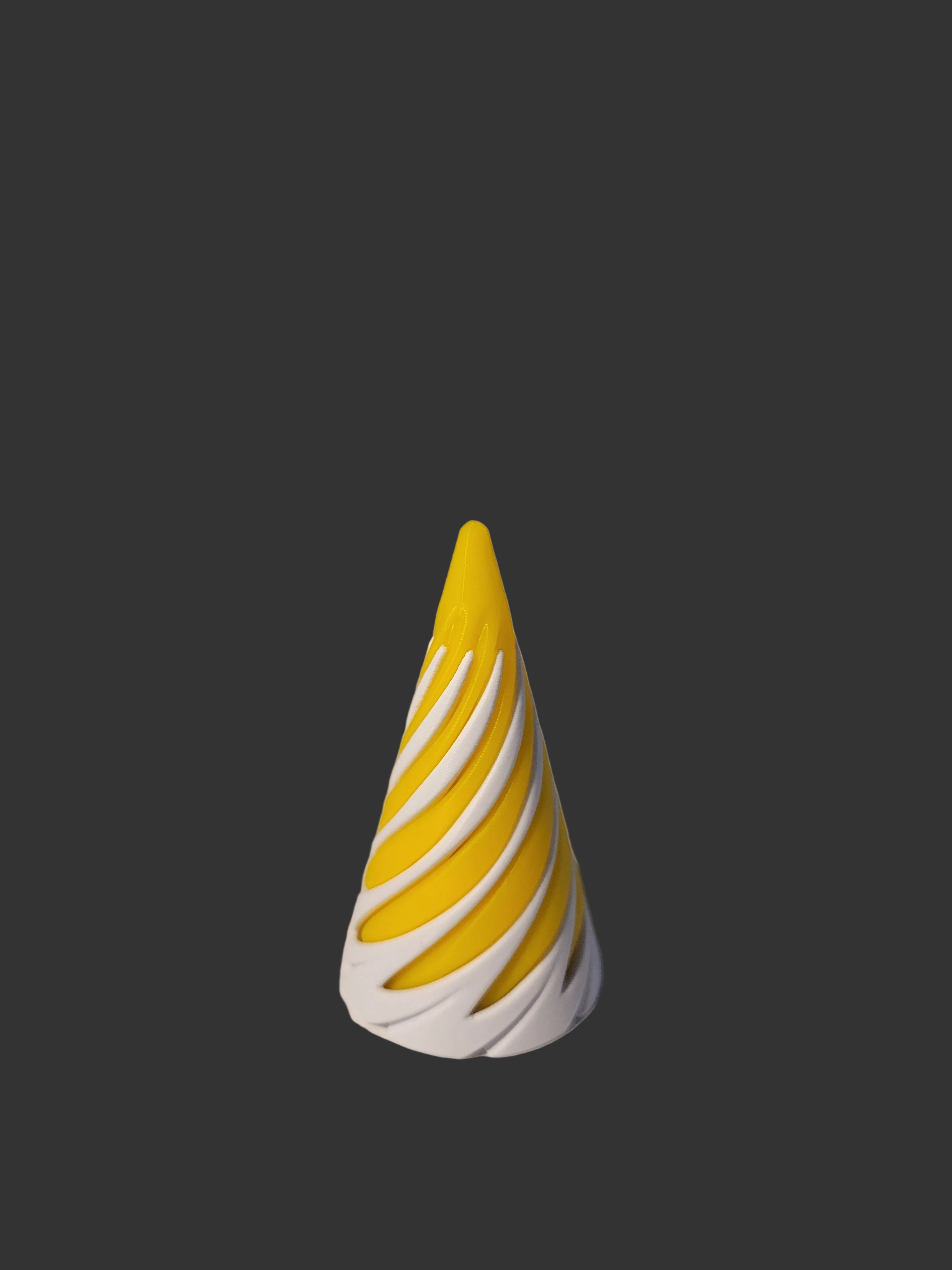 Solar Yellow and Arctic White 3D-printed spiralized cone fidget with 2 separate pieces that twist and passthrough each other on dark grey background.