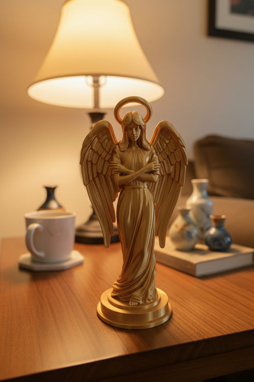 Gold Silk 3D-printed angel sculpture in elegant dress with detailed wings and halo on a wooden table in front of a lit lamp.
