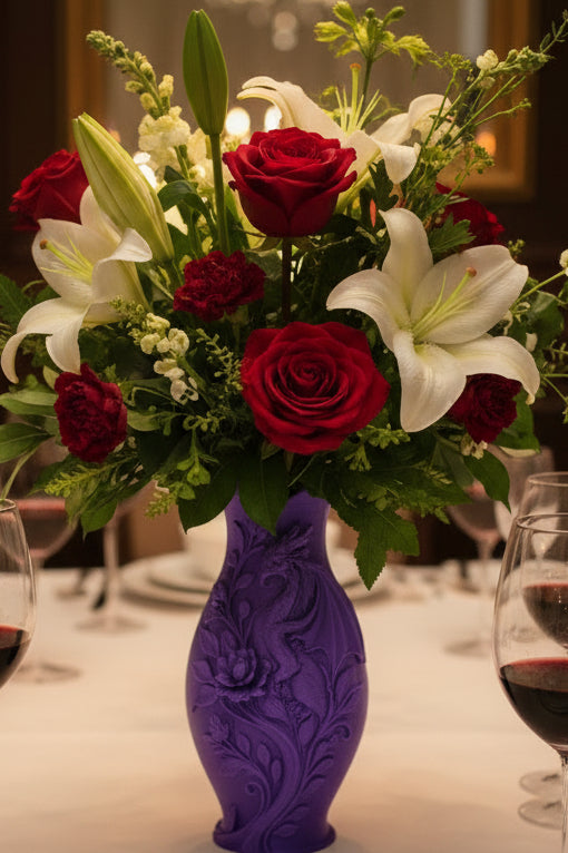 Royal Purple 3D-printed dragon vase featuring intricately embossed floral design holding flowers centered on a dining table.