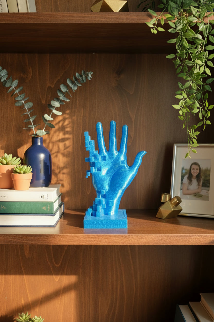 Translucent Blue 3D-printed pixelated hand sculpture on a wooden shelf with books and other decor.