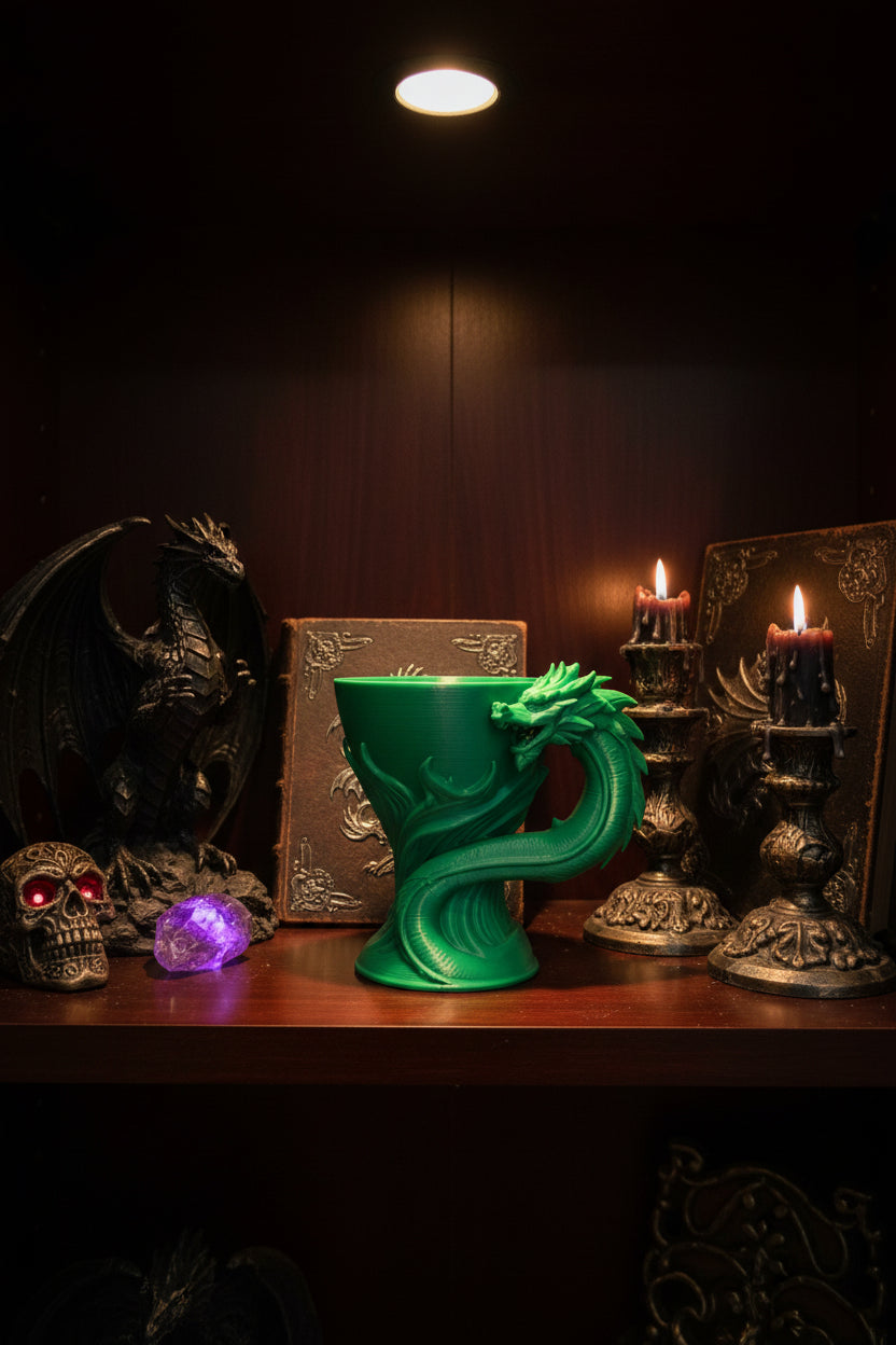 Emerald Green 3D-printed dragon handled sculptural goblet on a wooden shelf surrounded by mystical gothic decor.