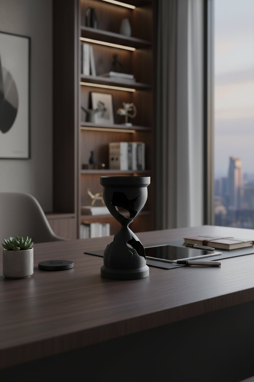 Onyx Black 3D-printed fractured hourglass sculpture with jagged light capturing holes on a modern desk in an office setting.