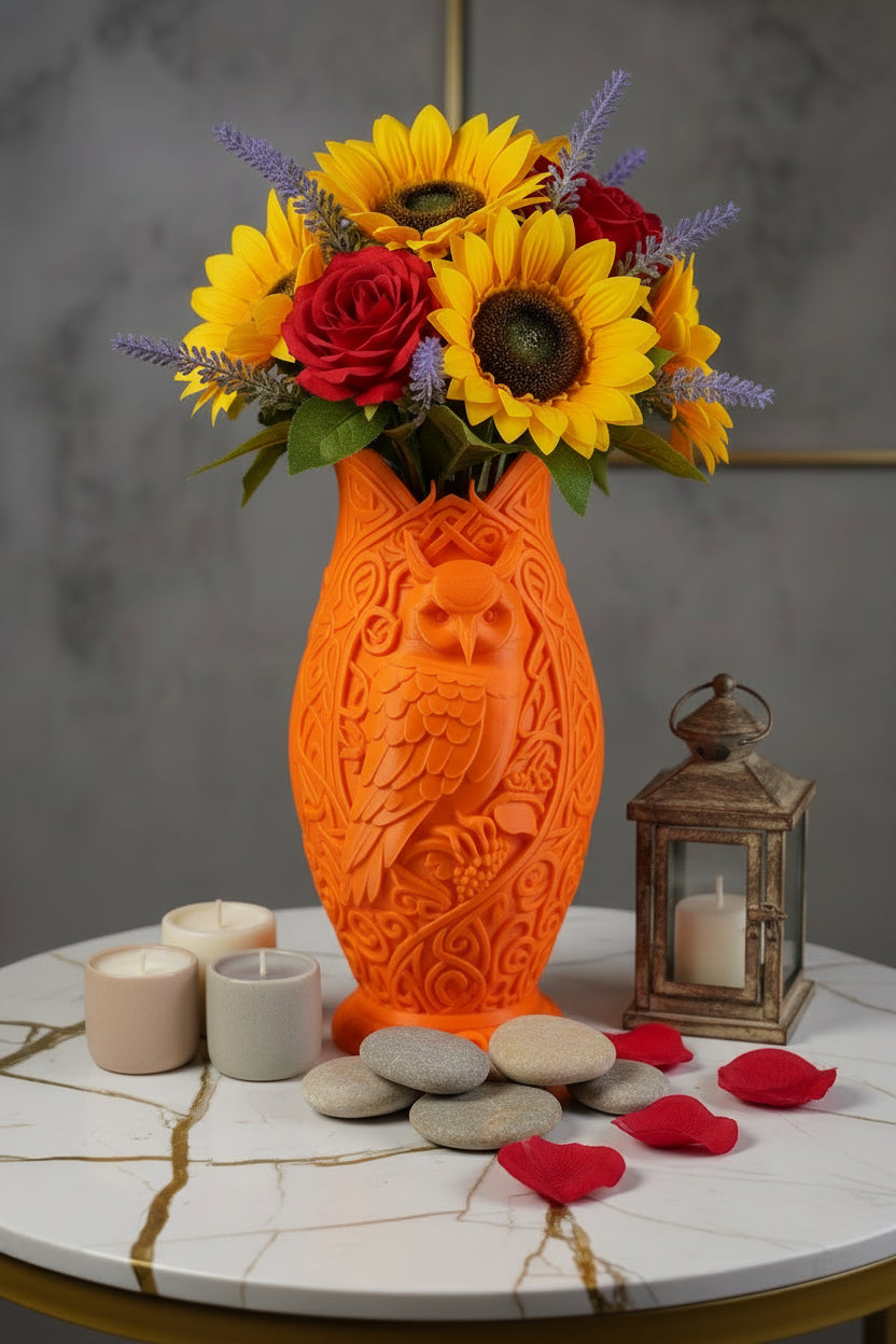 Sunset Orange 3D-printed Celtic owl vase with intricate knotwork patterns holding sunflowers and red roses on a gold-veined marble table.